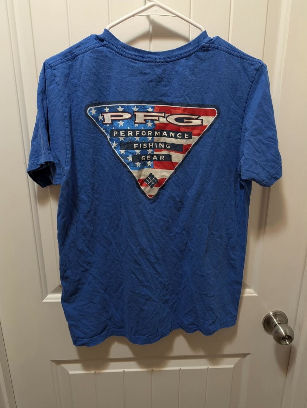 Columbia PFG T-Shirt Men's M Blue Cotton American Flag Logo Fishing Patriotic